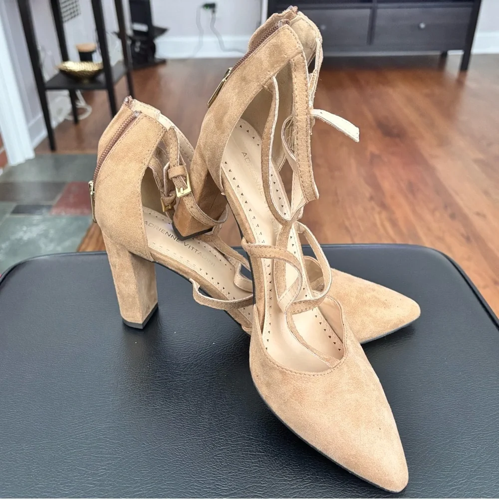 Adrienne Vittadini Tan Suede Pointed-Toe Ankle-Strap Heels